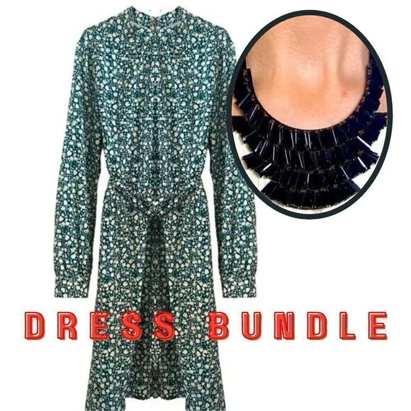 Like New Ruched Mock Neck White Floral Print Teal Midi Dress + Necklace Bundle - Picture 1 of 1